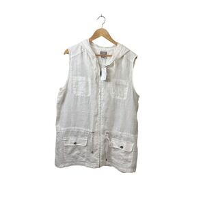 Kenar Womens XL White 100% Linen Hooded Utility Vest Beach Resort Natural Fibers